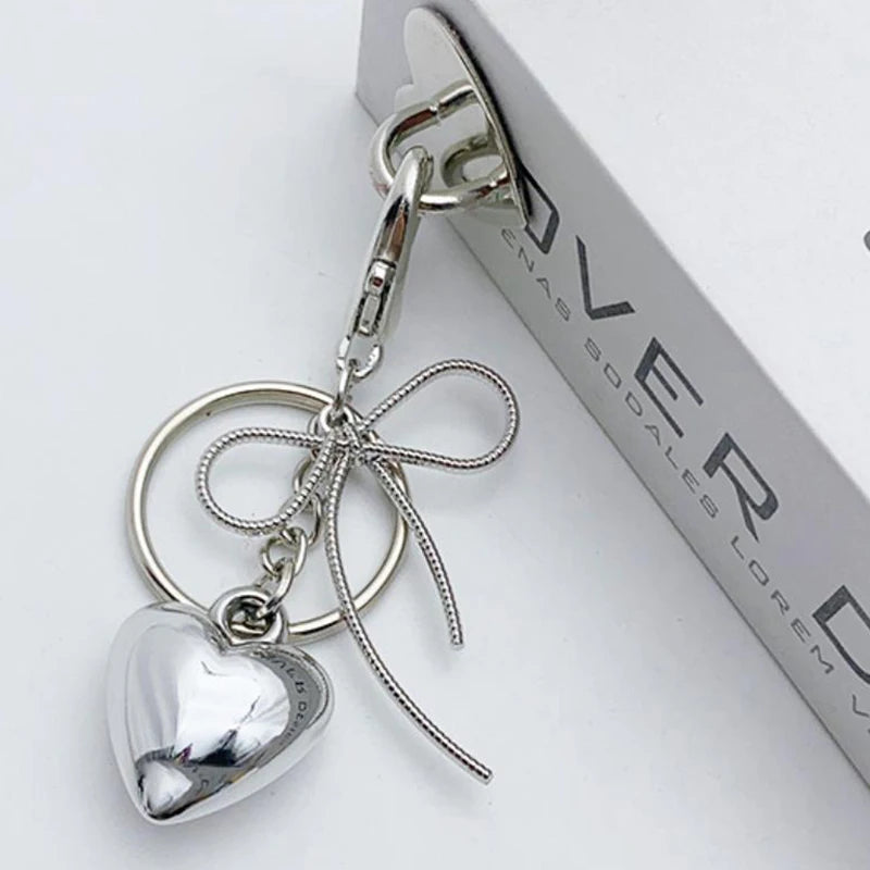 Silver Bowknot Heart Keychain Charm