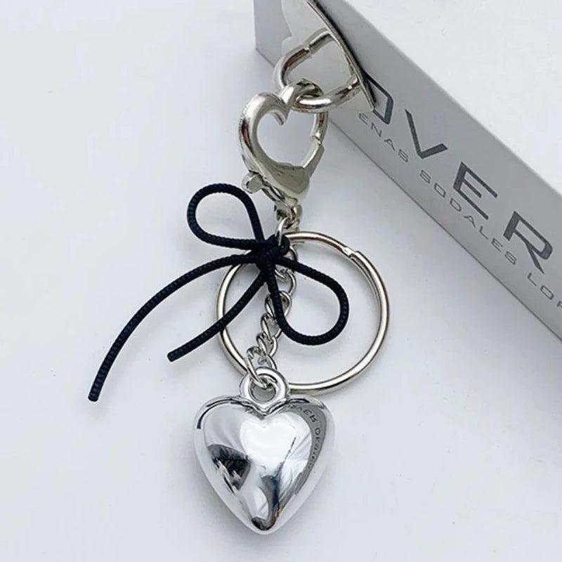 Silver Bowknot Heart Keychain Charm