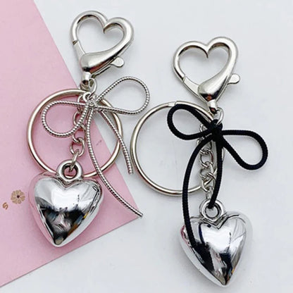 Silver Bowknot Heart Keychain Charm