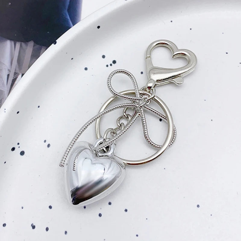 Silver Bowknot Heart Keychain Charm